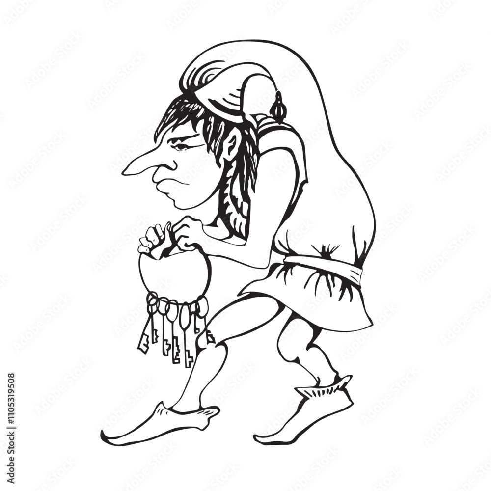 Evil gnome with keys. Drawn vector black outline illustration. Evil gnome with keys. Drawn vector black outline illustration.