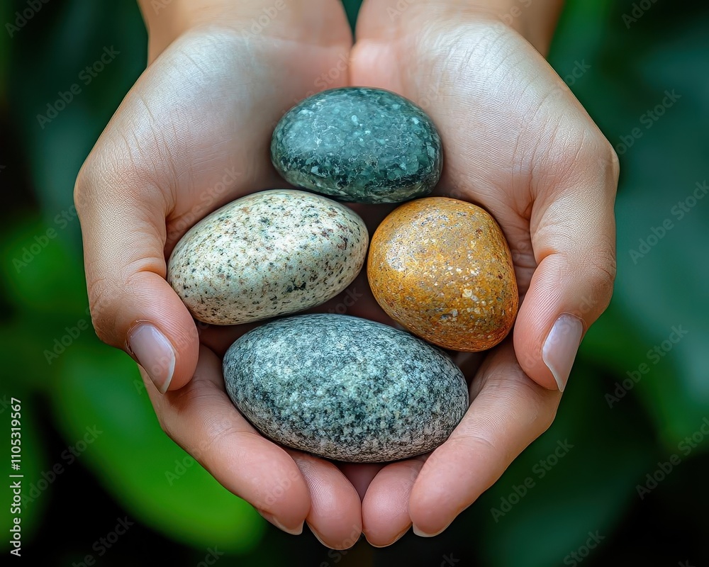 Hands holding mindfulness stones, gentle natural light Hands holding mindfulness stones, gentle natural light