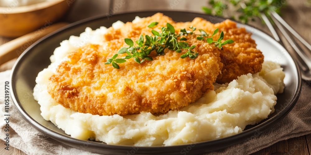 Delicious chicken cutlet served alongside creamy mashed potatoes, creating a satisfying dish featuring tender chicken cutlet and flavorful mashed potatoes for a delightful meal experience. Delicious chicken cutlet served alongside creamy mashed potatoes, creating a satisfying dish featuring tender chicken cutlet and flavorful mashed potatoes for a delightful meal experience.