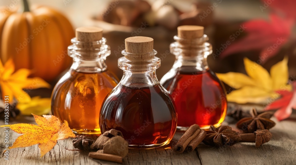 Three bottles of autumnal essential oil rest on wood Three bottles of autumnal essential oil rest on wood