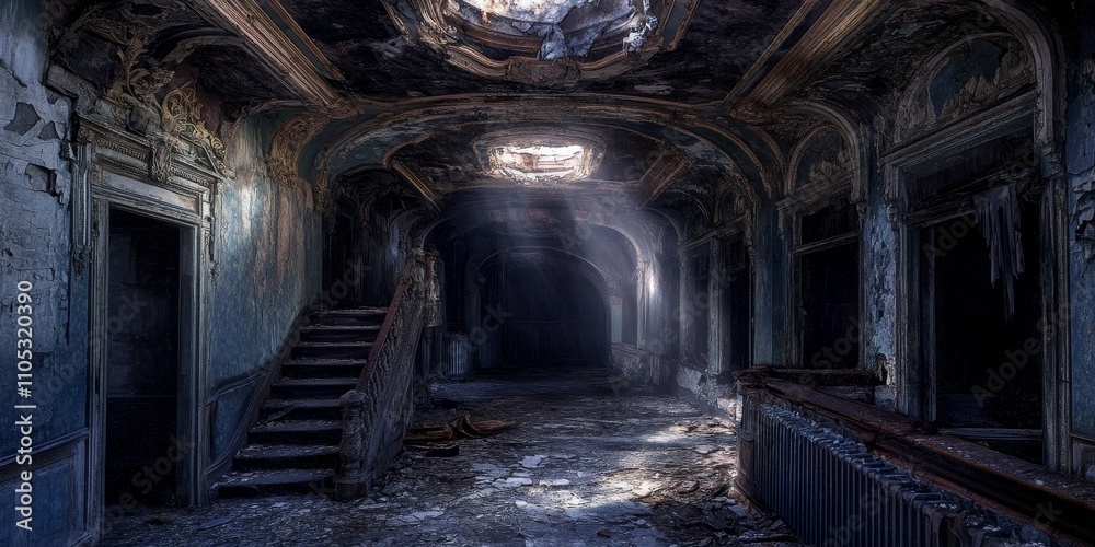 Obraz premium A dark and creepy abandoned theater hallway, filled with a haunted atmosphere, evokes feelings of eeriness and intrigue in this stunning depiction of a ruined space. Perfect for horror themes.