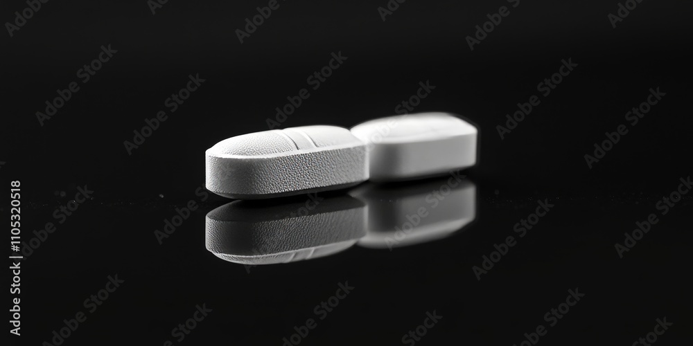 Macro close up of a white painkiller tablet showcased on a reflective black surface, emphasizing the details of the painkiller tablet and its glossy appearance. Macro close up of a white painkiller tablet showcased on a reflective black surface, emphasizing the details of the painkiller tablet and its glossy appearance.
