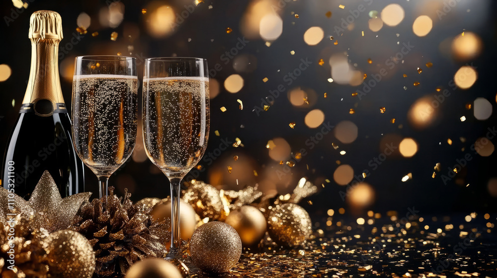 glasses of champagne with christmas decoration glasses of champagne with christmas decoration