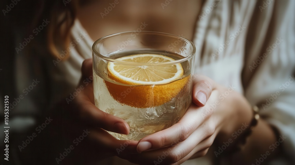 Person holding glass of water with lemon, natural hydration, wellness focus Person holding glass of water with lemon, natural hydration, wellness focus
