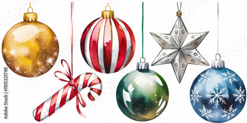 Watercolor Christmas Ornaments:  A festive collection of watercolor painted Christmas ornaments, including a candy cane, star, and baubles in a variety of colors and textures.