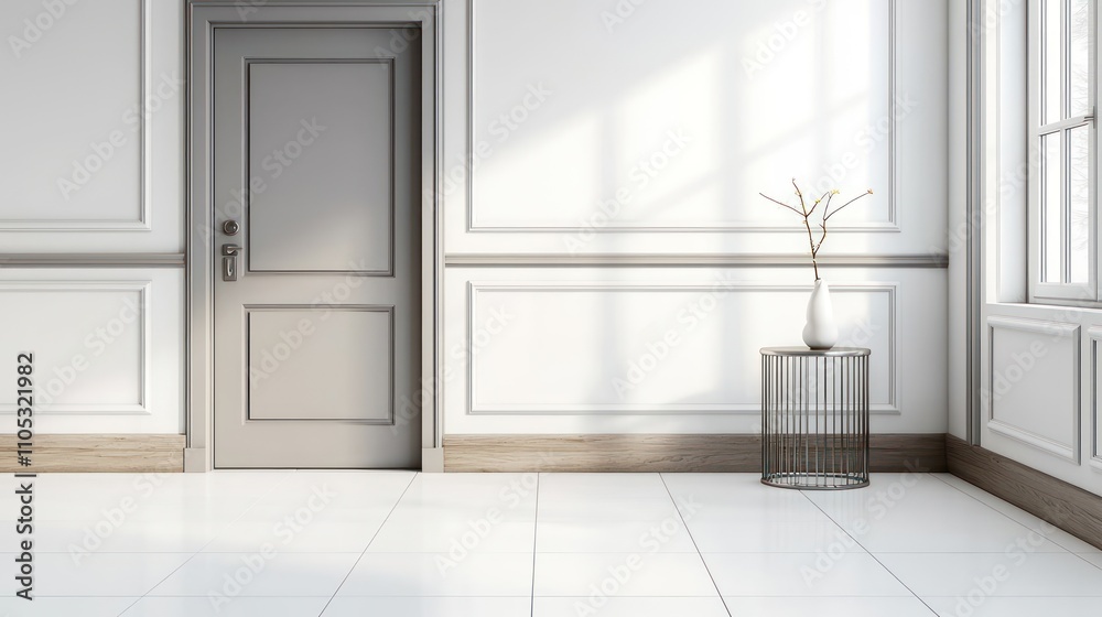 Fototapeta premium Grey door with white walls, natural wood baseboards, and large windows.