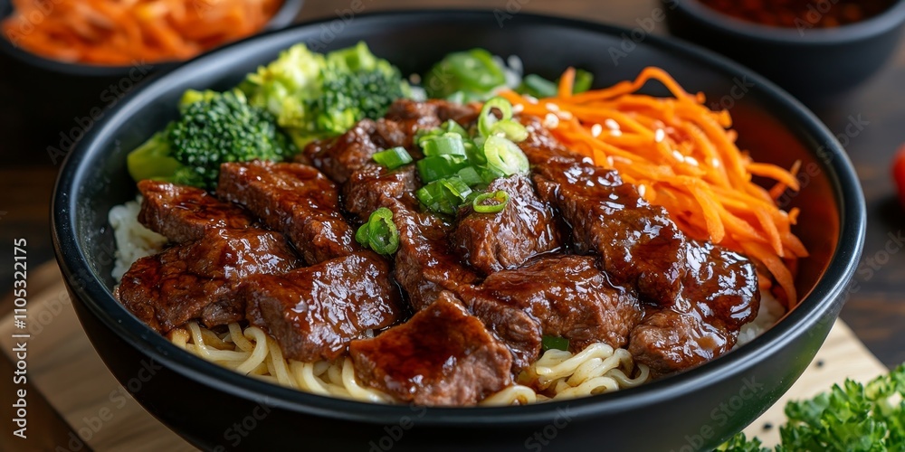 Delicious beef teriyaki bowl featuring tender beef, flavorful teriyaki sauce, served over a bed of noodles and accompanied by fresh vegetables, perfect for a satisfying meal. Delicious beef teriyaki bowl featuring tender beef, flavorful teriyaki sauce, served over a bed of noodles and accompanied by fresh vegetables, perfect for a satisfying meal.