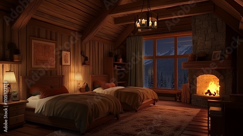 Cozy cabin interior with two beds, a fireplace, and a mountain view at night.