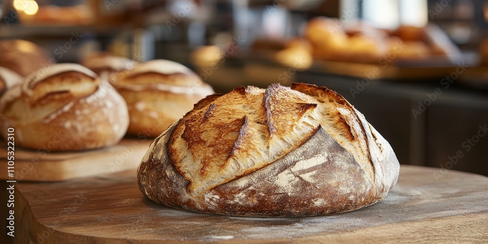Sourdough bread displayed prominently, featuring a freshly baked round loaf with a golden crust. This image captures the essence of sourdough bread in a rustic bakery setting. Sourdough bread displayed prominently, featuring a freshly baked round loaf with a golden crust. This image captures the essence of sourdough bread in a rustic bakery setting.