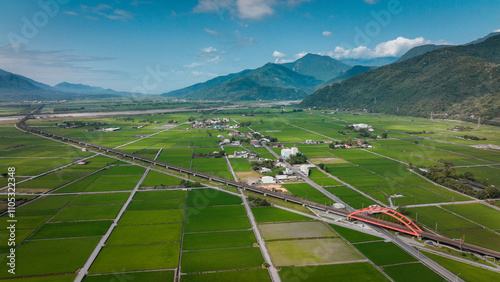 Aerial view of Yuli in Taiwan showcasing green fields and railway under a clear blue sky photo