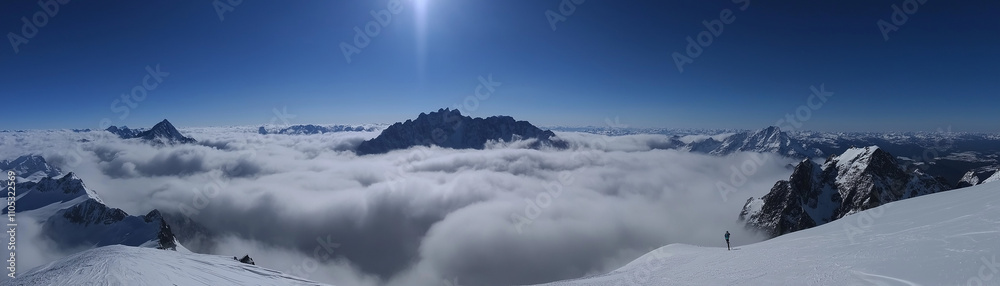 Obraz premium sunrise panoramic view from above the clouds in the sky as a motivation concept