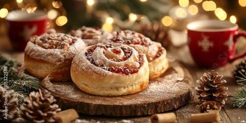 Delightful Christmas sweet rolls paired with coffee, set against a warm brown wooden background that enhances the festive Christmas atmosphere. Experience the joy of Christmas sweet rolls.