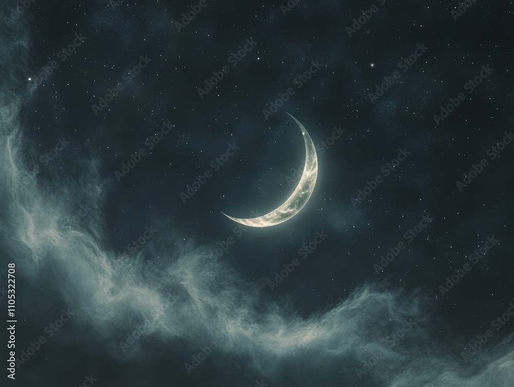 Fototapeta premium Magical Night Sky with Crescent Moon and Starry Clouds, ideal for fantasy and dreamy backgrounds Generative AI
