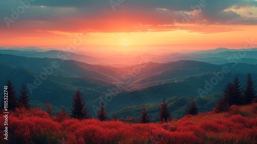 Panoramic view of sunset over rolling hills with golden light
