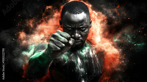 A Powerful Man with a Determined Face is Covered in Colorful Dust, Ready to Throw a Punch Against a Black Background