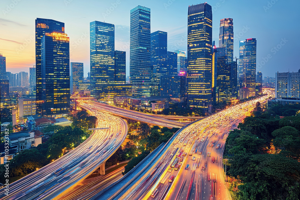 Fototapeta premium High-rise buildings and traffic lights at night