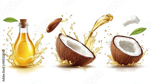 Oils set. Coconut, olive, almond oil splashes realistic collection