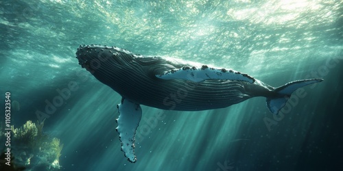 Humpback whale glides gracefully near the surface, showcasing the beauty of humpback whales as they explore their aquatic habitat and interact with the surrounding marine environment.