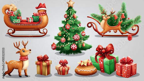 Wallpaper Mural Festive Christmas elements including a gingerbread cookie, reindeer, sleigh with gifts, and a decorated Christmas tree on a transparent background for holiday designs
 Torontodigital.ca