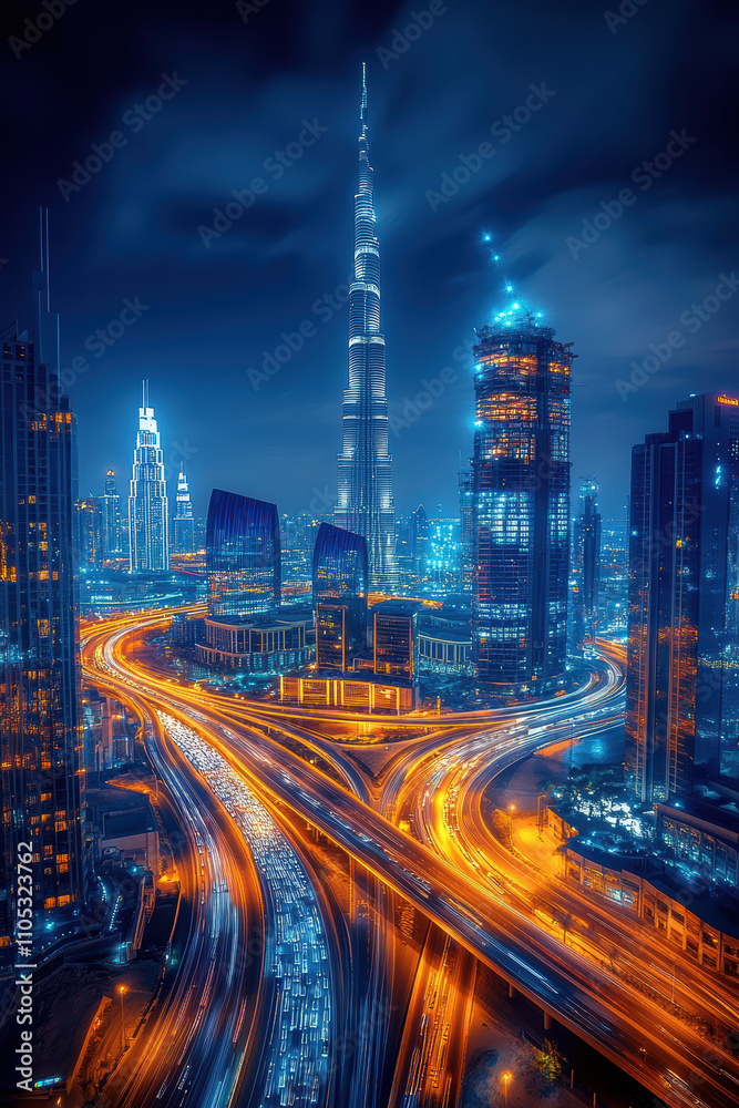 Fototapeta premium Tall buildings and light trails in the dark sky