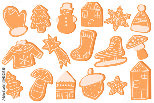 Christmas Gingerbread Cookies. Winter sweet homemade biscuits in different shapes isolated on white background.