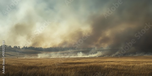 Smoke fills the air in a field following a wildfire, creating a dramatic scene that reveals the aftermath of the wildfire. The smoke from the wildfire lingers over the affected field. photo