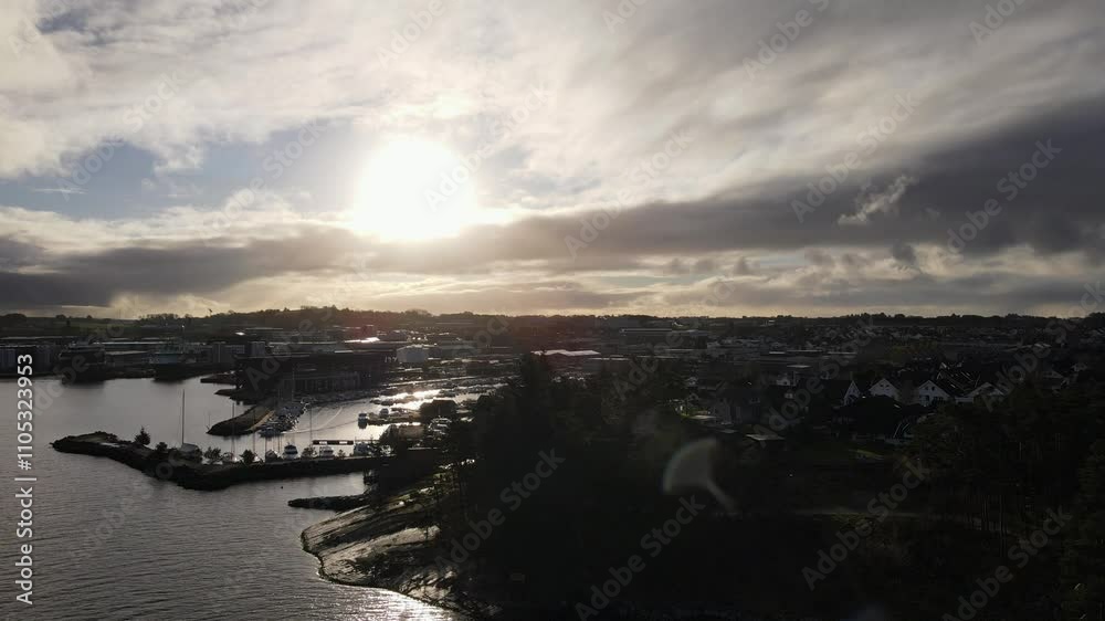 Aerial Drone Shot Over a Marina and Boat Harbor at Dusk in Rogaland, Norway Aerial Drone Shot Over a Marina and Boat Harbor at Dusk in Rogaland, Norway
