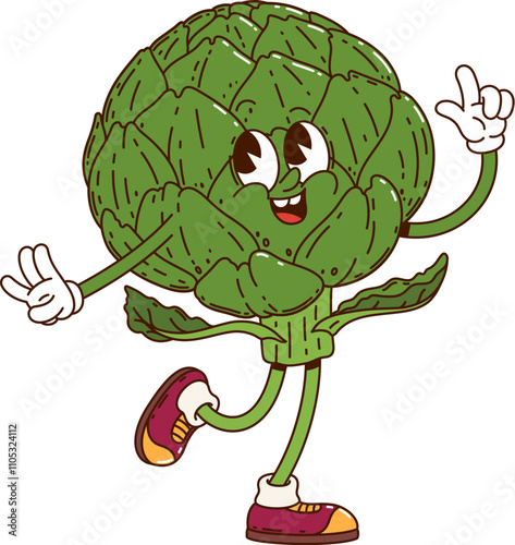 Cartoon groovy artichoke vegetable character. Isolated vector healthy food retro personage with expressive eyes, wearing vintage sneakers, and striking a playful pose with its finger pointing upward