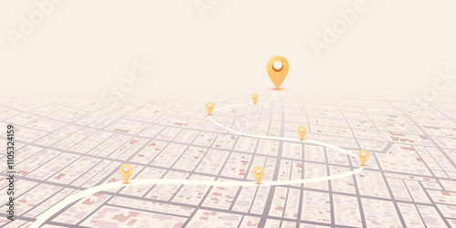 City map featuring directional signs, an intended goal point and multiple markers. An abstract navigation plan highlights POI including city streets, blocks. Vector illustration