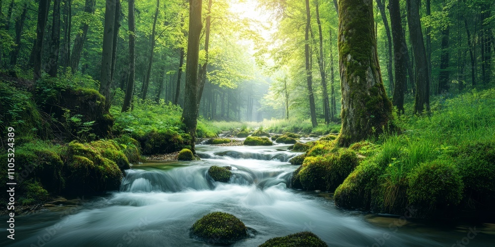 Obraz premium Vertical landscape featuring a serene river flowing through a lush forest. This captivating vertical landscape showcases the harmony between the river and the surrounding forest.