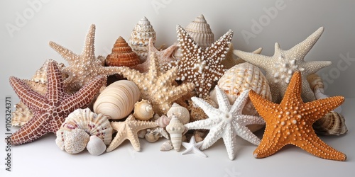 Variety of starfish and seashells in an assortment, showcasing the beauty and diversity of starfish alongside unique seashells. Explore this delightful assortment of starfish and seashells.