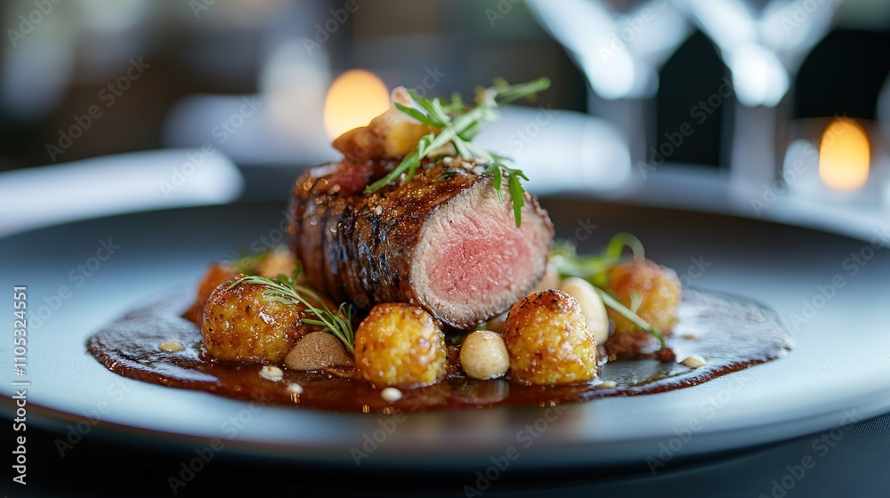 Medium rare steak with garnish in elegant restaurant setting Medium rare steak with garnish in elegant restaurant setting