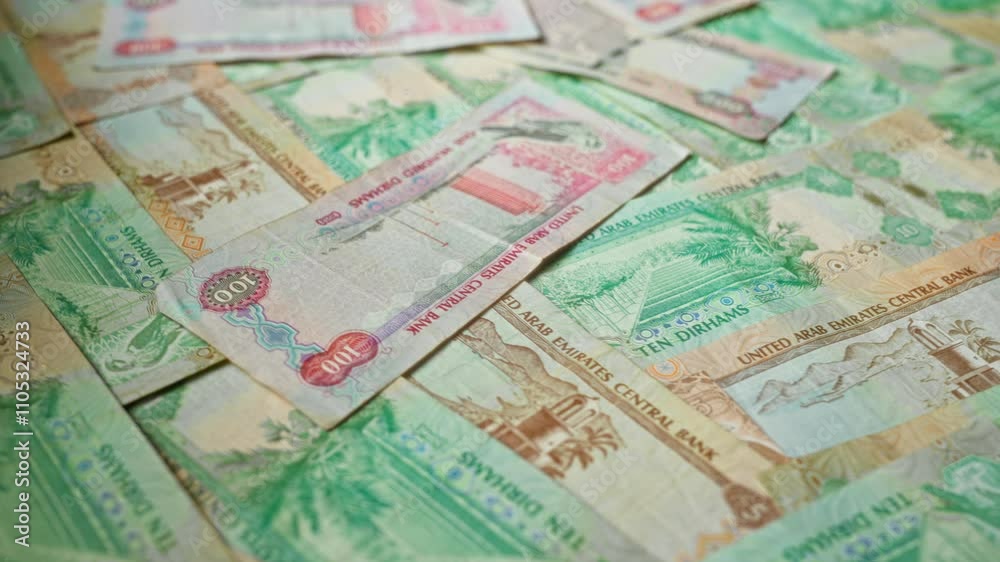 Uae banknotes featuring various denominations of dirhams scattered, highlighting the diverse currency in the united arab emirates. Uae banknotes featuring various denominations of dirhams scattered, highlighting the diverse currency in the united arab emirates.