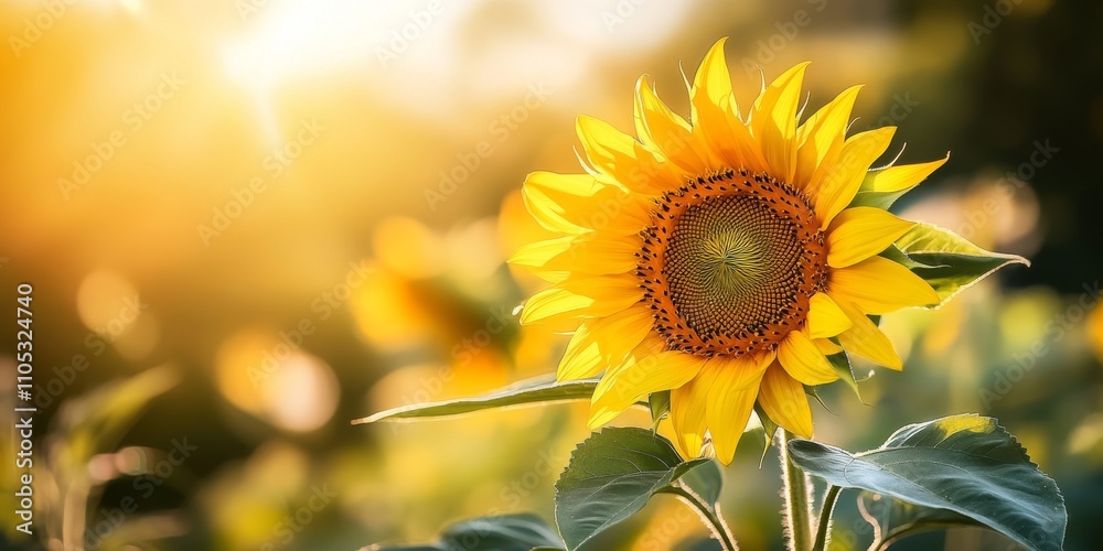 Naklejka premium Sunflower basking in the sunlight, showcasing its vibrant colors in a soft focus. This sunflower highlights the beauty of nature, creating a serene and calming atmosphere with its radiance.