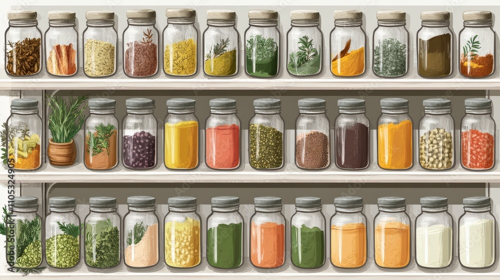 Assortment of Spices, Herbs, and Ingredients in Glass Jars on Shelves Assortment of Spices, Herbs, and Ingredients in Glass Jars on Shelves