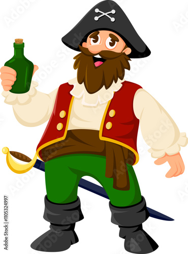 Cartoon pirate, privateer bandit cute character. Corsair sailing ship boatswain isolated vector mascot, filibuster drunk skipper cute character or Caribbean pirate sailor captain holding bottle of rum