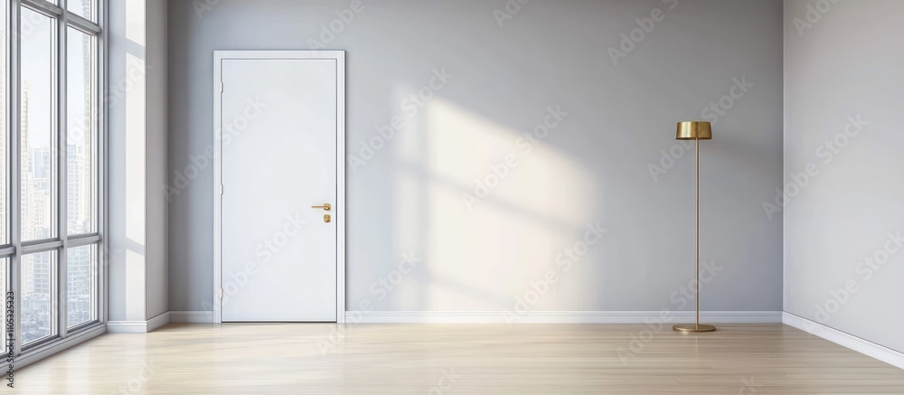 A pristine room with smooth walls, bamboo floors, and a brass floor lamp in the corner. A pristine room with smooth walls, bamboo floors, and a brass floor lamp in the corner.