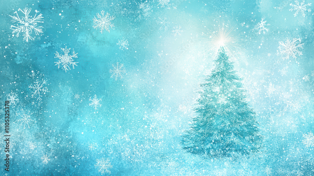 Glowing snowflakes and Christmas tree on blue