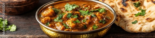 Delicious Indian curry with herbs and naan bread.