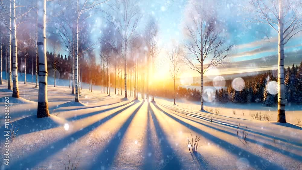 Sunlit snowy birch forest with dramatic long shadows. Winter landscape concept Seamless looping 4k time-lapse animation video background  
