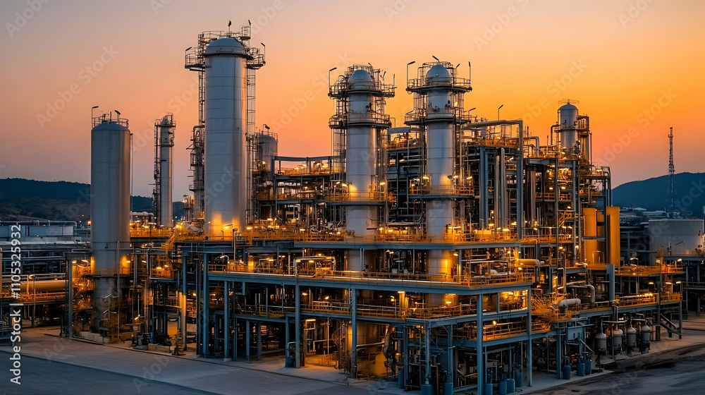 Industrial Complex Illuminated at Sunset with a Complex Network of Pipes, Towers, and Catwalks Industrial Complex Illuminated at Sunset with a Complex Network of Pipes, Towers, and Catwalks