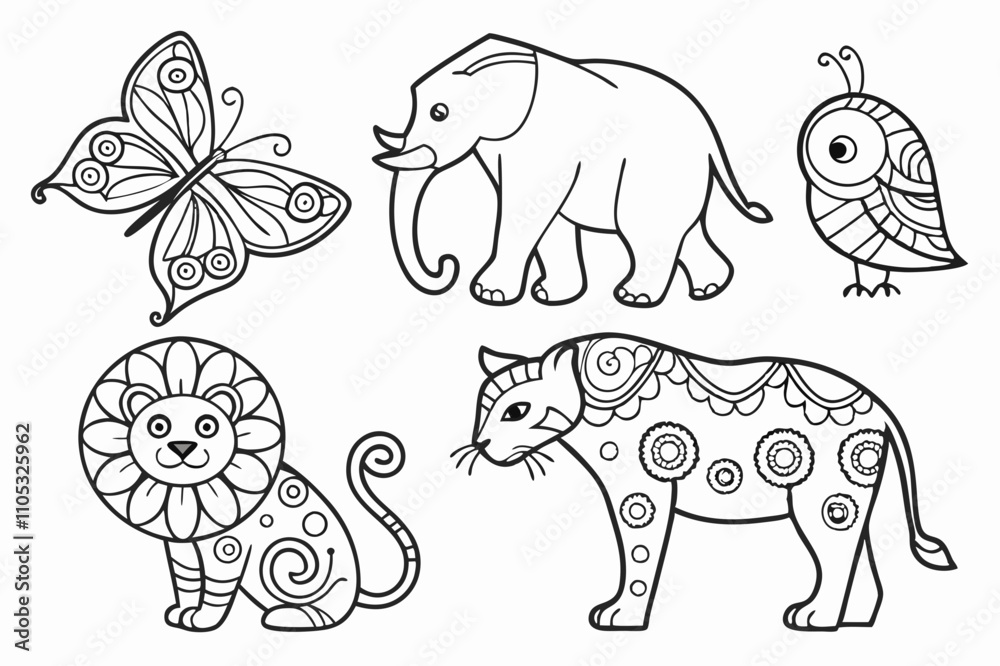 Naklejka premium Intricate Animal Line Art Coloring Pages for Kids and Adults