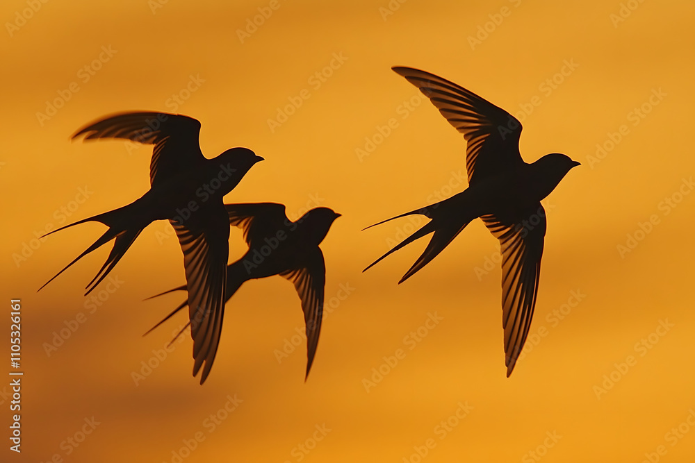 Fototapeta premium Swallows in Silhouette Against Spring Sunset Sky