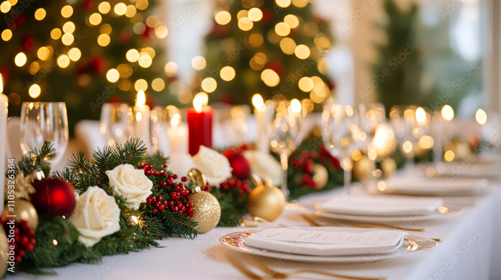 Elegant modern Christmas-themed corporate  dinner party setup, 