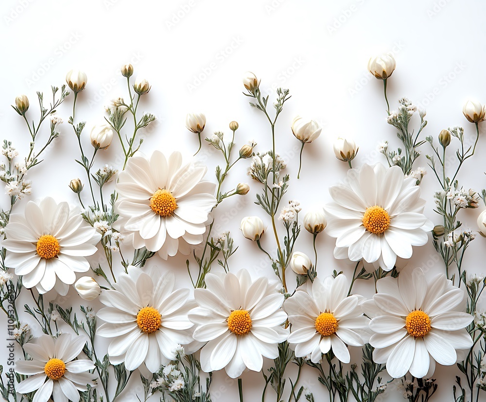 Obraz premium Beautiful daisies flowers with white background, yellow between the white flowers