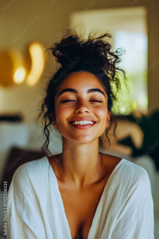 Close-up portrait of a cheerful woman gently smiling, set in a modern living room bathed in warm, sunny morning light. Close-up portrait of a cheerful woman gently smiling, set in a modern living room bathed in warm, sunny morning light.