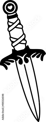 Y2k tattoo dagger with a wrapped hilt and a decorative heart on the pommel. Isolated vector monochrome knife in vintage, retro style evokes edgy gothic aesthetics, danger and subtle romantic symbolism