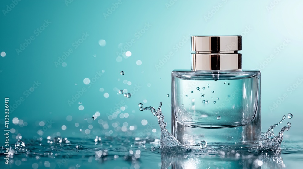 Elegant and Stylish Perfume Bottle Surrounded by Splashes of Water Against a Beautiful Soft Blue Background, Highlighting Luxury and Freshness Elegant and Stylish Perfume Bottle Surrounded by Splashes of Water Against a Beautiful Soft Blue Background, Highlighting Luxury and Freshness