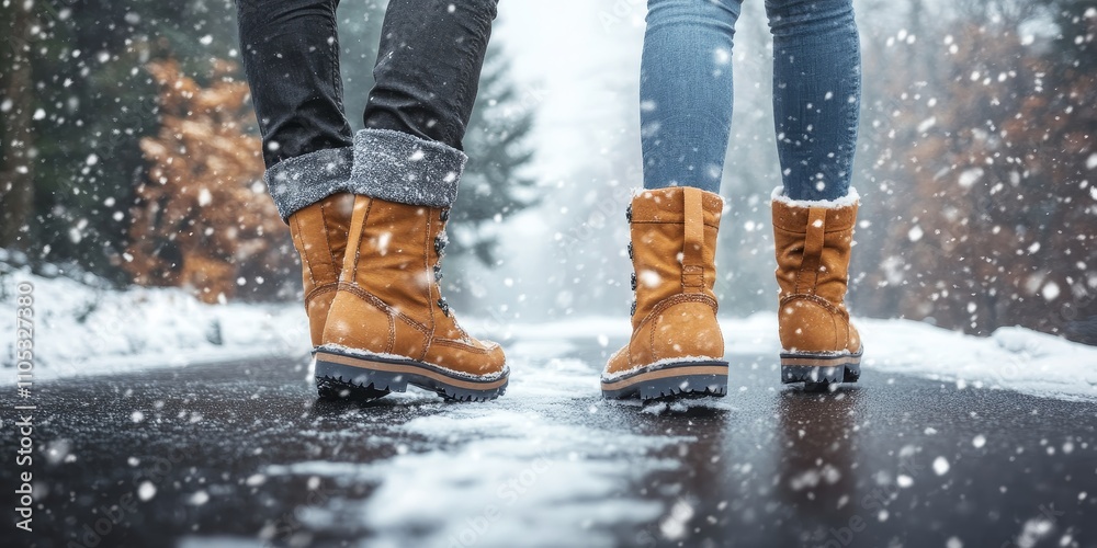 Winter boots for both males and females are showcased while walking on a snowy sleet covered road, highlighting the stylish and functional winter boots designed for icy conditions. Winter boots for both males and females are showcased while walking on a snowy sleet covered road, highlighting the stylish and functional winter boots designed for icy conditions.