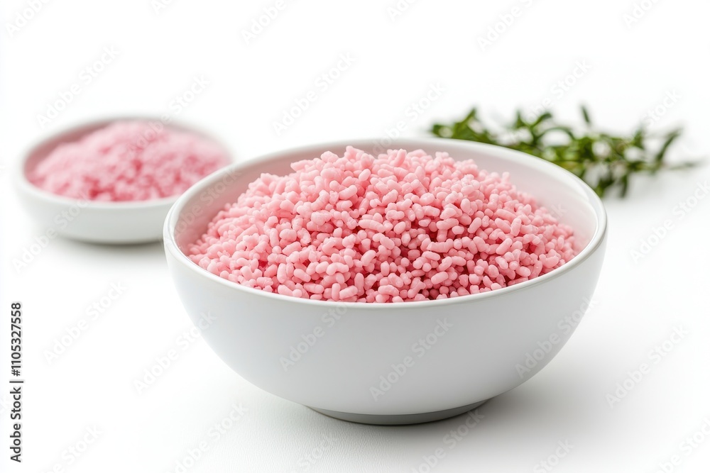 Soft Pink Sugar Granules in Round Bowl with Green Herb Accents Soft Pink Sugar Granules in Round Bowl with Green Herb Accents